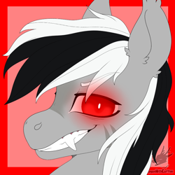 Size: 768x768 | Tagged: safe, alternate version, artist:dragonwithcoffee, imported from derpibooru, oc, oc:stormdancer, bat pony, vampire, vampony, bat pony oc, bat wings, bust, cute, dark form tier 2, fangs, grin, portrait, red eyes, smiling, wings