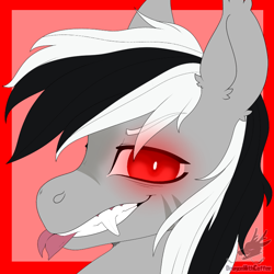 Size: 768x768 | Tagged: safe, alternate version, artist:dragonwithcoffee, imported from derpibooru, oc, oc:stormdancer, bat pony, vampire, vampony, bat pony oc, bat wings, bust, cute, dark form tier 2, fangs, forked tongue, grin, portrait, red eyes, smiling, tongue out, wings