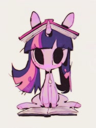 Size: 1538x2048 | Tagged: safe, artist:dizzychelsy, imported from derpibooru, twilight sparkle, pony, unicorn, aesthetics, blushing, book, book hat, cloven hooves, female, mare, simple background, sitting, snot, solo, unicorn twilight, white background