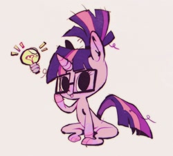 Size: 2048x1850 | Tagged: safe, artist:dizzychelsy, imported from derpibooru, twilight sparkle, pony, unicorn, alternate hairstyle, cloven hooves, female, glasses, lightbulb, mare, messy mane, ponytail, simple background, sitting, solo, unicorn twilight