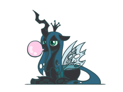Size: 1800x1350 | Tagged: safe, artist:flutterluv, imported from derpibooru, queen chrysalis, changeling, changeling queen, bubblegum, female, food, gum, lying down, prone, simple background, solo, transparent background