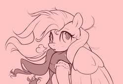 Size: 1817x1248 | Tagged: safe, artist:nookprint, imported from derpibooru, fluttershy, pegasus, pony, breath, clothes, monochrome, red background, redscale, scarf, simple background, solo, visible breath, windswept mane