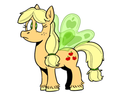 Size: 900x675 | Tagged: safe, artist:mellodillo, imported from derpibooru, applejack (g1), earth pony, flutter pony, pony, green wings, race swap, simple background, solo, unshorn fetlocks, white background, wings