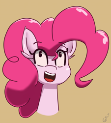 Size: 1000x1104 | Tagged: safe, artist:genericmlp, imported from derpibooru, pinkie pie, pony, brown background, bust, portrait, simple background, solo
