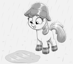 Size: 3184x2796 | Tagged: safe, artist:heretichesh, imported from derpibooru, apple bloom, earth pony, pony, boots, clothes, female, filly, grayscale, hat, high res, monochrome, puddle, rain, rain boots, shoes, solo, wet