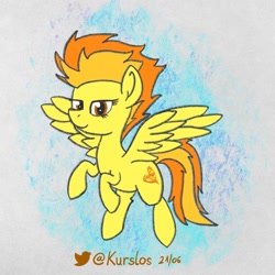 Size: 1024x1024 | Tagged: safe, artist:kurslos, imported from derpibooru, spitfire, pegasus, pony, atg 2021, flying, newbie artist training grounds, simple background, solo, text, wings