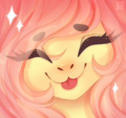 Size: 2304x2160 | Tagged: safe, artist:elektra-gertly, imported from derpibooru, fluttershy, pony, :3, :p, beanbrows, blushing, bust, close-up, cute, daaaaaaaaaaaw, eyebrows, eyebrows visible through hair, eyes closed, high res, portrait, shyabetes, solo, sparkles, tongue out