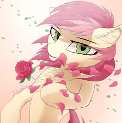 Size: 1741x1760 | Tagged: safe, artist:waverane, imported from derpibooru, roseluck, pony, chest fluff, ear fluff, flower, green eyes, petals, rose, solo