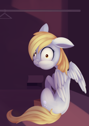 Size: 988x1394 | Tagged: safe, artist:dusthiel, imported from derpibooru, derpy hooves, pegasus, pony, atg 2021, caught, cheek bulge, looking at you, looking back, looking back at you, messy eating, newbie artist training grounds, scrunchy face, solo, stash, wide eyes