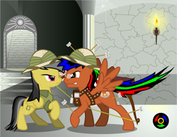 Size: 3303x2551 | Tagged: safe, artist:kyoshyu, imported from derpibooru, daring do, oc, oc:bucolique, pegasus, pony, arrow, hat, high res, male, pith helmet, stallion