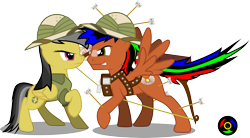 Size: 3736x2069 | Tagged: safe, artist:kyoshyu, imported from derpibooru, daring do, oc, oc:bucolique, pegasus, pony, arrow, hat, high res, male, pith helmet, simple background, stallion, transparent background