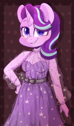 Size: 1802x3056 | Tagged: safe, artist:sakukitty, imported from derpibooru, starlight glimmer, anthro, unicorn, breasts, clothes, dress, female, grin, high res, see-through, smiling, smirk, solo