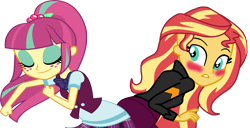 Size: 1409x720 | Tagged: safe, artist:gmaplay, imported from derpibooru, sour sweet, sunset shimmer, equestria girls, blushing, butt touch, female, lesbian, shipping, simple background, sourshimmer, transparent background