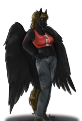 Size: 540x797 | Tagged: safe, artist:zsnowfilez, imported from derpibooru, oc, oc only, oc:delta serpentis, anthro, pegasus, clothes, female, hand on hip, hands on waist, pants, simple background, solo, top, transparent background