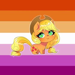 Size: 1920x1920 | Tagged: safe, artist:wilvarin-liadon, imported from derpibooru, applejack, earth pony, pony, applejack's hat, blushing, chibi, cowboy hat, cute, hat, jackabetes, lesbian pride flag, pride, pride flag, solo