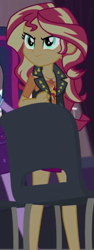 Size: 405x1080 | Tagged: safe, imported from derpibooru, screencap, sci-twi, sunset shimmer, twilight sparkle, cheer you on, equestria girls, equestria girls series, spoiler:eqg series (season 2), chair, clenched fist, clothes, cropped, geode of empathy, jewelry, leather vest, magical geodes, necklace, offscreen character, offscreen human, shoulderless shirt, skirt