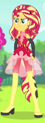 Size: 350x947 | Tagged: safe, imported from derpibooru, screencap, pinkie pie, sunset shimmer, cheer you on, equestria girls, equestria girls series, spoiler:eqg series (season 2), alternate hairstyle, boots, clenched fist, clothes, cropped, determined smile, dress, fingerless gloves, gloves, knee-high boots, leggings, offscreen character, offscreen human, ponied up, pony ears, shoes, skirt, sleeveless, spiked headband, super ponied up