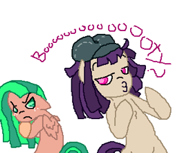 Size: 307x271 | Tagged: safe, artist:hollllow, imported from derpibooru, oc, oc only, earth pony, pegasus, pony, 1000 hours in ms paint, bipedal, crossed arms, duckface, duo, earth pony oc, female, freckles, frown, hat, mare, pegasus oc, simple background, unamused, white background, wings