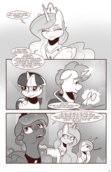 Size: 1253x1950 | Tagged: safe, artist:saturdaymorningproj, imported from derpibooru, princess cadance, princess celestia, princess luna, sunburst, twilight sparkle, alicorn, pony, unicorn, comic:i await a guardian, crown, eyes closed, female, glowing horn, horn, jewelry, monochrome, open mouth, regalia, royal sisters, siblings, sisters, snickering, speech bubble, twilight sparkle (alicorn)