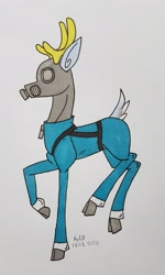 Size: 1861x3099 | Tagged: safe, artist:agdapl, imported from derpibooru, deer, antlers, clothes, crossover, deerified, gas mask, male, mask, pyro, raised hoof, signature, solo, species swap, team fortress 2, traditional art