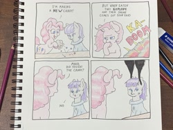 Size: 4032x3024 | Tagged: safe, artist:lost marbles, imported from derpibooru, maud pie, pinkie pie, earth pony, pony, atg 2021, blatant lies, candy, clothes, comic, explosion, food, newbie artist training grounds, smoke, text, traditional art