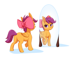 Size: 1743x1442 | Tagged: safe, artist:aquaticvibes, imported from derpibooru, scootaloo, pegasus, pony, accessory swap, apple bloom's bow, blank flank, bow, cute, cutealoo, female, filly, hair bow, mirror, ribbon, scootalove, simple background, solo, white background