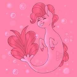 Size: 1200x1200 | Tagged: safe, artist:dzikibadyl, imported from derpibooru, pinkie pie, earth pony, pony, seapony (g4), bubble, dorsal fin, eyes closed, female, fish tail, flowing tail, pink background, seaponified, seapony pinkie pie, simple background, smiling, solo, species swap, tail, underwater, water