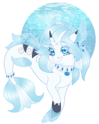 Size: 1024x1280 | Tagged: safe, artist:sadelinav, imported from derpibooru, oc, oc only, pony, seapony (g4), unicorn, blue eyes, blue mane, commission, dorsal fin, female, fins, fish tail, flowing tail, horn, jewelry, necklace, seaponified, simple background, smiling, solo, species swap, tail, transparent background, ych result