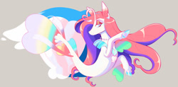 Size: 1280x632 | Tagged: safe, artist:kr-o, imported from derpibooru, oc, oc only, seapony (g4), adoptable, blue eyes, colored pupils, dorsal fin, female, fins, fish tail, flowing mane, flowing tail, gray background, jewelry, necklace, seashell, simple background, solo, tail