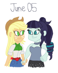 Size: 2000x2525 | Tagged: safe, artist:bigpurplemuppet99, imported from derpibooru, applejack, coloratura, equestria girls, female, high res, lesbian, rarajack, shipping