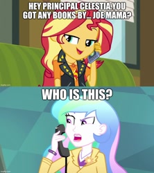 Size: 888x998 | Tagged: safe, edit, edited screencap, imported from derpibooru, screencap, princess celestia, sunset shimmer, human, eqg summertime shorts, equestria girls, equestria girls series, subs rock, text support, caption, image macro, meme, prank call, principal celestia, regular show, text