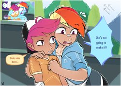 Size: 7016x4961 | Tagged: safe, artist:sugarelement, imported from derpibooru, screencap, rainbow dash, scootaloo, human, pegasus, the washouts (episode), bandaid on nose, confused, duo, humanized, looking down, nose bandaid, redraw, scared, scene interpretation