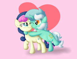 Size: 5104x3901 | Tagged: safe, artist:background basset, imported from derpibooru, bon bon, lyra heartstrings, sweetie drops, earth pony, pony, unicorn, absurd resolution, bipedal, duo, duo female, female, heart, hug, lesbian, looking at each other, lyrabon, mare, one eye closed, pink background, pride month, raised hoof, shipping, simple background, smiling, smiling at each other, standing, standing on one leg