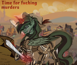 Size: 4096x3483 | Tagged: safe, imported from derpibooru, oc, oc only, alicorn, pony, fallout equestria, armor, desert, female, foe, green alicorn (fo:e), hat, machete, magic, scar, solo, weapon