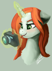 Size: 1450x1980 | Tagged: safe, artist:raphaeldavid, imported from derpibooru, crackle cosette, queen chrysalis, pony, atg 2021, camera, disguise, disguised changeling, magic, newbie artist training grounds, solo