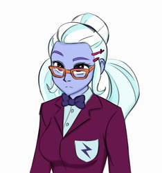 Size: 938x1001 | Tagged: artist needed, safe, color edit, edit, imported from derpibooru, sugarcoat, equestria girls, clothes, colored, colored sketch, crystal prep academy uniform, glasses, looking at you, raised eyebrow, school uniform, simple background, solo, white background