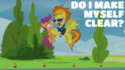 Size: 1280x720 | Tagged: safe, edit, edited screencap, editor:quoterific, imported from derpibooru, screencap, scootaloo, spitfire, pegasus, pony, season 8, the washouts (episode), spoiler:s08, abuse, bitchfire, child abuse, clothes, duo, duo female, female, filly, flying, mare, necktie, open mouth, scootabuse, spitfire's whistle, sunglasses, uniform, whistle, whistle necklace, wonderbolts dress uniform