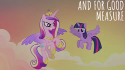 Size: 1280x720 | Tagged: safe, edit, edited screencap, editor:quoterific, imported from derpibooru, screencap, princess cadance, twilight sparkle, alicorn, pony, season 4, three's a crowd, crown, duo, duo female, female, flying, jewelry, mare, open mouth, regalia, sisters-in-law, twilight sparkle (alicorn)
