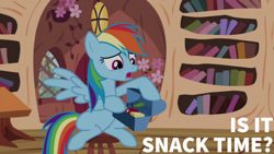 Size: 1280x720 | Tagged: safe, edit, edited screencap, editor:quoterific, imported from derpibooru, screencap, rainbow dash, pegasus, pony, season 4, testing testing 1-2-3, apple, female, food, golden oaks library, mare, open mouth, solo