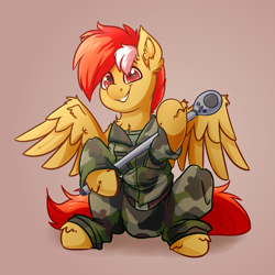 Size: 4000x4000 | Tagged: safe, artist:witchtaunter, imported from derpibooru, oc, oc only, oc:sanguine sky, pegasus, pony, camouflage, chest fluff, ear fluff, male, sitting, smiling, solo, wrench