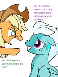 Size: 768x1024 | Tagged: safe, artist:windy breeze, imported from derpibooru, applejack, big macintosh, fleetfoot, earth pony, pegasus, pony, blue coat, denied, dialogue, duo, duo female, female, fleetmac, food, funetik aksent, green eyes, grin, implied big macintosh, implied fleetmac, implied straight, lies, male, mare, nervous, orange coat, overprotective, pie, pointing, purple eyes, secret, shading, shipping, simple background, sitting, smiling, straight, suspicious, sweat, sweatdrop, ten gallon hat, this will not end well, white mane, yelling, yellow mane