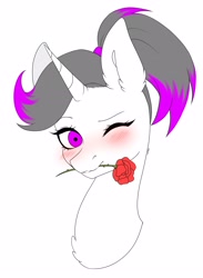 Size: 3043x4162 | Tagged: safe, artist:torihime, imported from derpibooru, oc, oc only, oc:hazel radiate, pony, unicorn, blushing, bust, colored, commission, commissioner:biohazard, ear fluff, eyebrows, eyelashes, female, flat colors, flower, flower in mouth, high res, highlights, horn, looking at you, mare, mouth hold, nostrils, one eye closed, ponytail, portrait, rose, rose in mouth, simple background, solo, unicorn oc, white background, wink, winking at you, ych result