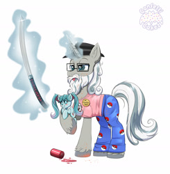 Size: 1600x1630 | Tagged: safe, artist:confetticakez, imported from derpibooru, kotobukiya, star swirl the bearded, pony, unicorn, atg 2021, cheetos, clothes, discord (program), fedora, glasses, hat, hatsune miku, jeans, katana, kotobukiya hatsune miku pony, levitation, magic, male, meme, mountain dew, neckbeard, newbie artist training grounds, pajamas, pants, plushie, poké ball, pokéball, pokémon, ponified, shirt, simple background, solo, stallion, sword, t-shirt, telekinesis, trollface, vocaloid, weapon, weeaboo, white background