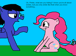 Size: 2000x1498 | Tagged: safe, artist:blazewing, imported from derpibooru, pinkie pie, oc, oc:blazewing, earth pony, pegasus, 1000 hours in ms paint, atg 2021, big grin, birthday present, colored background, drawpile, glasses, grin, newbie artist training grounds, smiling, text