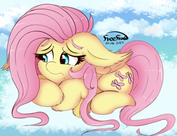 Size: 2792x2148 | Tagged: safe, artist:freefraq, imported from derpibooru, fluttershy, pegasus, pony, cloud, cute, ear fluff, female, floppy ears, fluffy, folded wings, high res, looking away, lying down, mare, on a cloud, prone, sad, shyabetes, sky, solo, teary eyes, wings