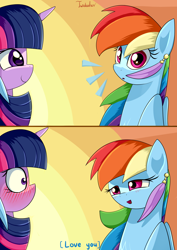 Size: 2480x3507 | Tagged: safe, artist:twidasher, imported from derpibooru, rainbow dash, twilight sparkle, pegasus, pony, blushing, duo, feather, female, gradient background, high res, lesbian, looking at each other, looking at you, mare, open mouth, open smile, shipping, signature, smiling, twidash