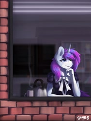 Size: 3000x4000 | Tagged: safe, artist:st4rs6, imported from derpibooru, oc, oc only, oc:starline moongazer, anthro, unicorn, brick wall, clothes, commission, heterochromia, kettle, looking out the window, maid, reflection, smiling, solo, window