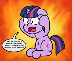 Size: 1280x1088 | Tagged: safe, artist:saburodaimando, imported from derpibooru, twilight sparkle, pony, unicorn, atg 2021, belly button, female, floppy ears, mare, newbie artist training grounds, panic, panicking, simple background, speech bubble, text, twilighting, unicorn twilight