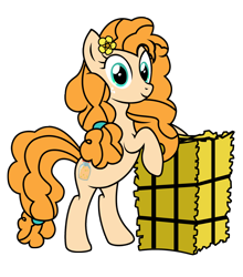 Size: 1840x2088 | Tagged: safe, artist:third uncle, artist:three uncle, imported from derpibooru, pear butter, earth pony, pony, bipedal, bipedal leaning, female, flower, flower in hair, hay bale, leaning, mare, pose, simple background, smiling, transparent background