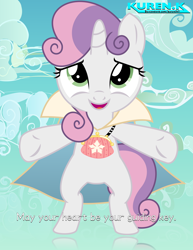 Size: 2000x2588 | Tagged: safe, artist:boneswolbach, artist:kuren247, imported from derpibooru, sweetie belle, pony, unicorn, arms wide open, bipedal, cape, chirithy, clothes, cloud, crossover, cute, diasweetes, disney, female, filly, high res, kingdom hearts, looking at you, parody, pouch, sky, solo, text